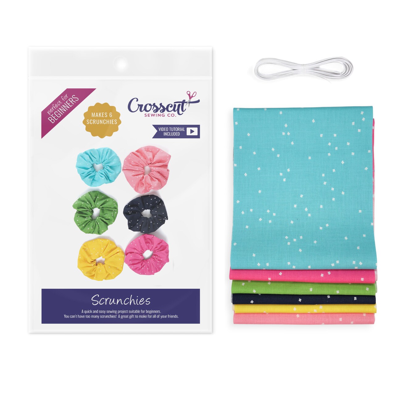 Crosscut Sewing Co.® Scrunchie Sewing Project Kit for Beginners with Fabric, Instructions and Video